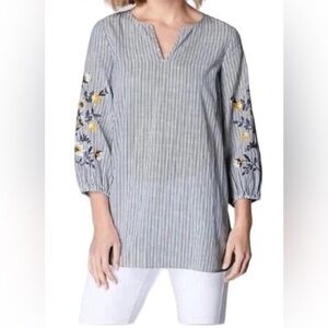 J. Jill Blue Striped Blouse with Floral Embroidery